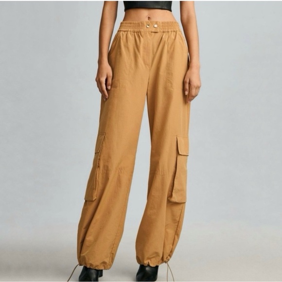 Anthropologie Pilcro Parachute Cargo Pant Nylon Bungee Hem Tan large NWT - Picture 2 of 13
